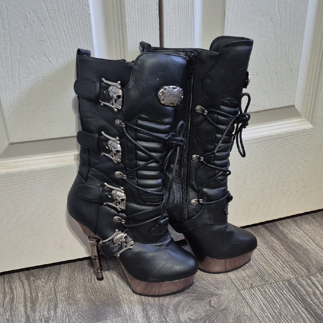 Muerto Gothic Finger Bone Heel Skull Buckle Mid Calf Boots Demonia 1026 Sz 7